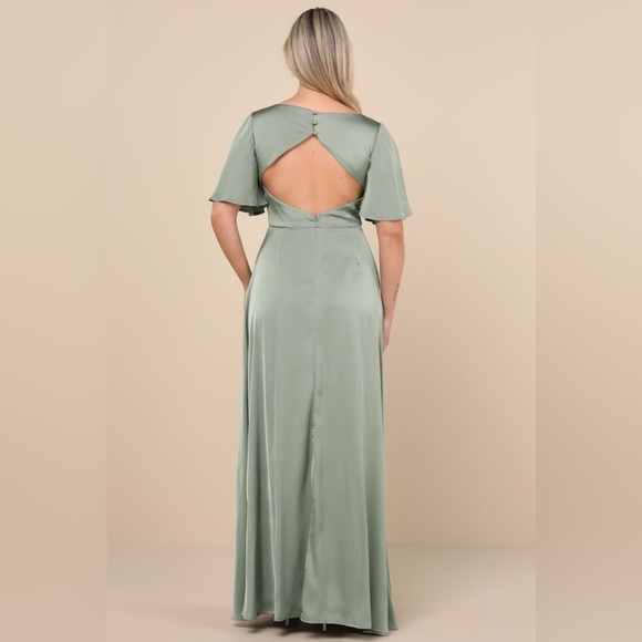 LULU’S Elegant Confidence Sage Satin Flutter Sleeve Cutout Maxi Dress - Picture 9 of 9